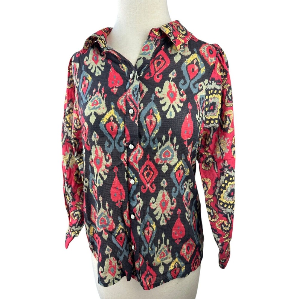 Anthropologie Forever That Girl Ikat Paisley Contrast Print Top Button Blouse XS - Picture 4 of 16